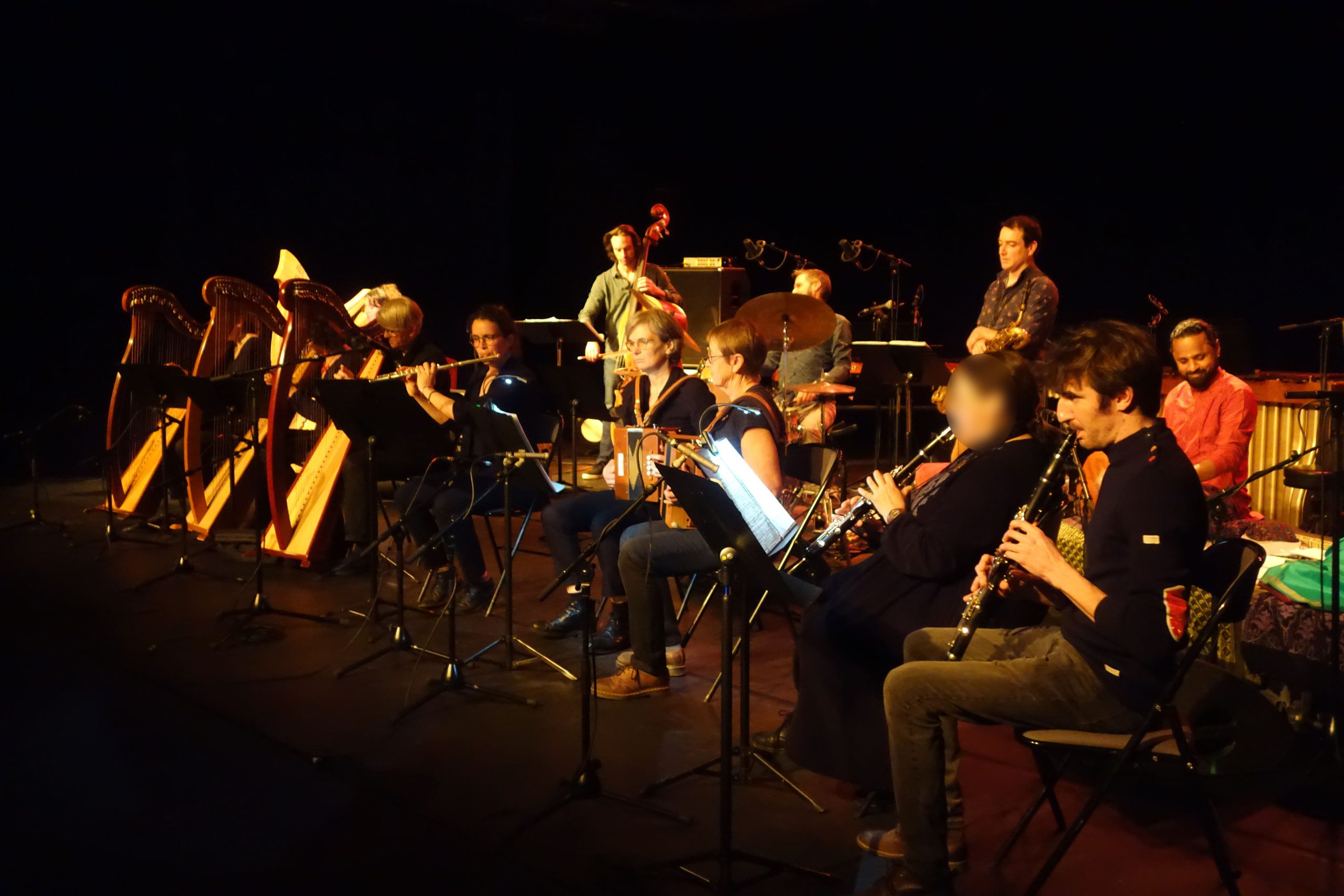 3 harpistes adultes et 5 musiciens adultes de l'ensemble musique du monde aux côté du groupe Colunia et de deux musiciens indiens invités lors d'un concert en mars 2025.