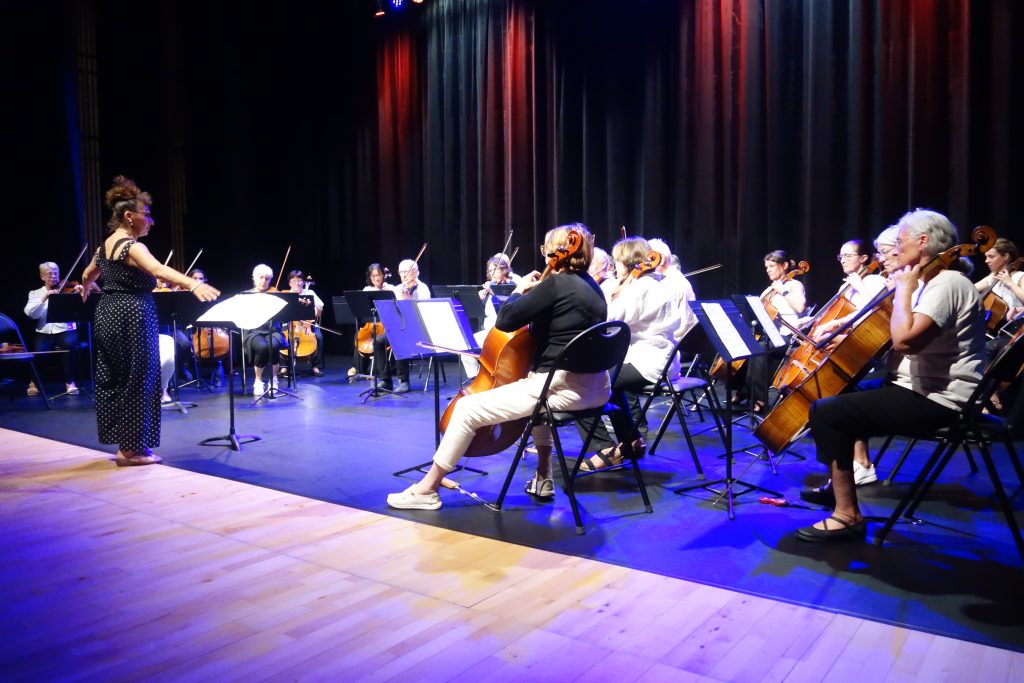 Une vingtaine de musiciens adultes amateurs de l'ensemble cordes sur scène avec leur violoncelle, alto et violon sous la direction d'Emmanuelle Roch.